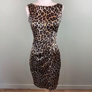 VTG Cache leopard sheath dress with ruched details and stretch satin size 4